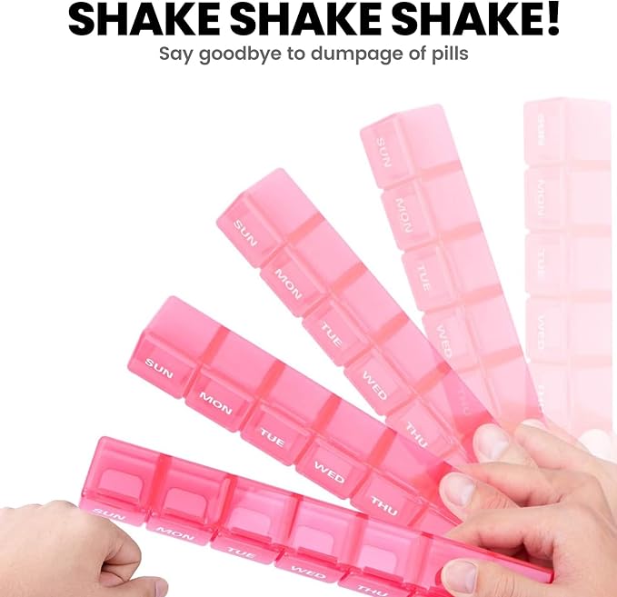 Sukuos Extra Large Weekly Pill Organizer, 7 Day Daily Pill Box Case Arthritis Friendly, Silkscreen Printed Medicine Container with Clear Lid for Vitamins, Fish Oils or Supplements (Pink)