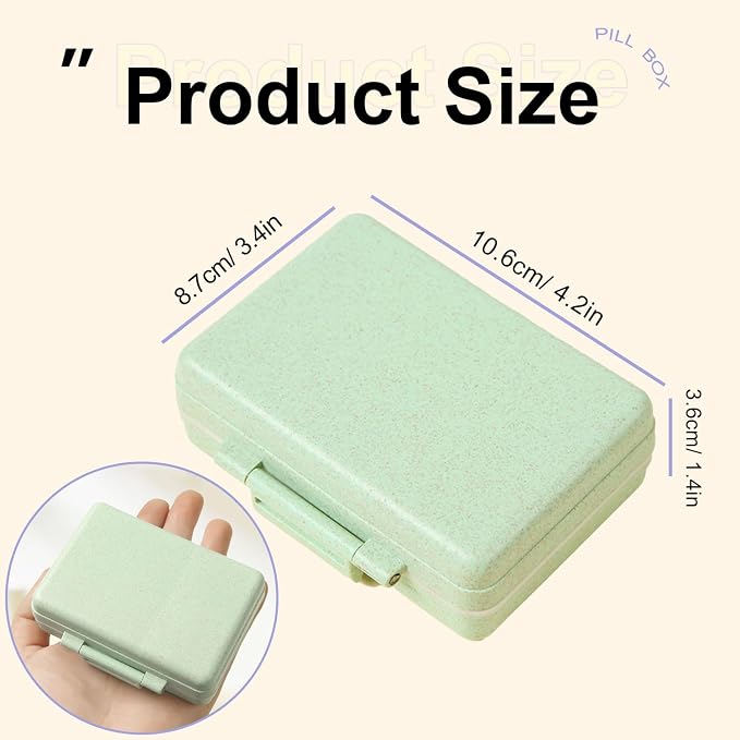Portable Travel Pill Organizer, 9 Compartments Personal Pill Case | Made from Wheat-Straw Fiber, Daily Small Vitamin Box Dispenser for Pocket Purse, to Hold DHA Supplements Fish Oils, Green