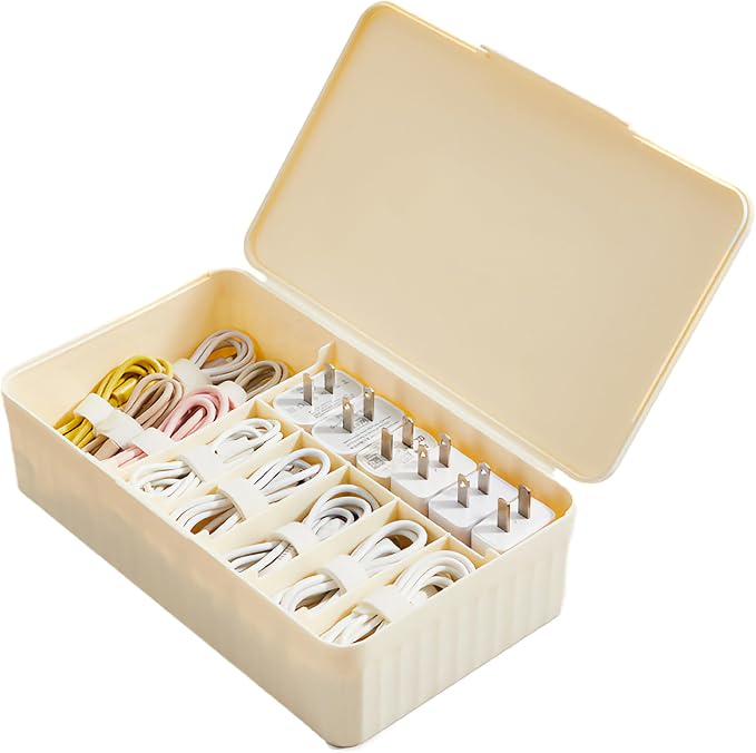 Cable Organizer Box Extra Wide, Travel Charger Cord Earphone Storage Case with Lid (Cream Yellow)