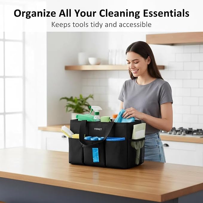 Ytonet Large Cleaning Caddy Bag, Cleaning Supplies Organizer with Handle | Foldable Divider, Water Resistant Cleaning Tote Bag for Kitchen for Cleaners, Car Tool Caddy Organizer Bag