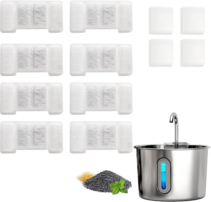 Cat Water Fountain Replacement Filters, 8 Pack Replacement Filters & 4 Pack Replacement Sponges Set for 2.2L/74oz Automatic Stainless Steel Pet Fountain Ultra Quiet