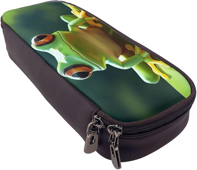Leather Pen Case with Zipper - Aesthetic Pen Holder Cute Frog Pencil Case for Women & Men - Handcrafted Pencil Bag Multi-Functional Travel Cosmetic Case for Work Office Tool Pouch