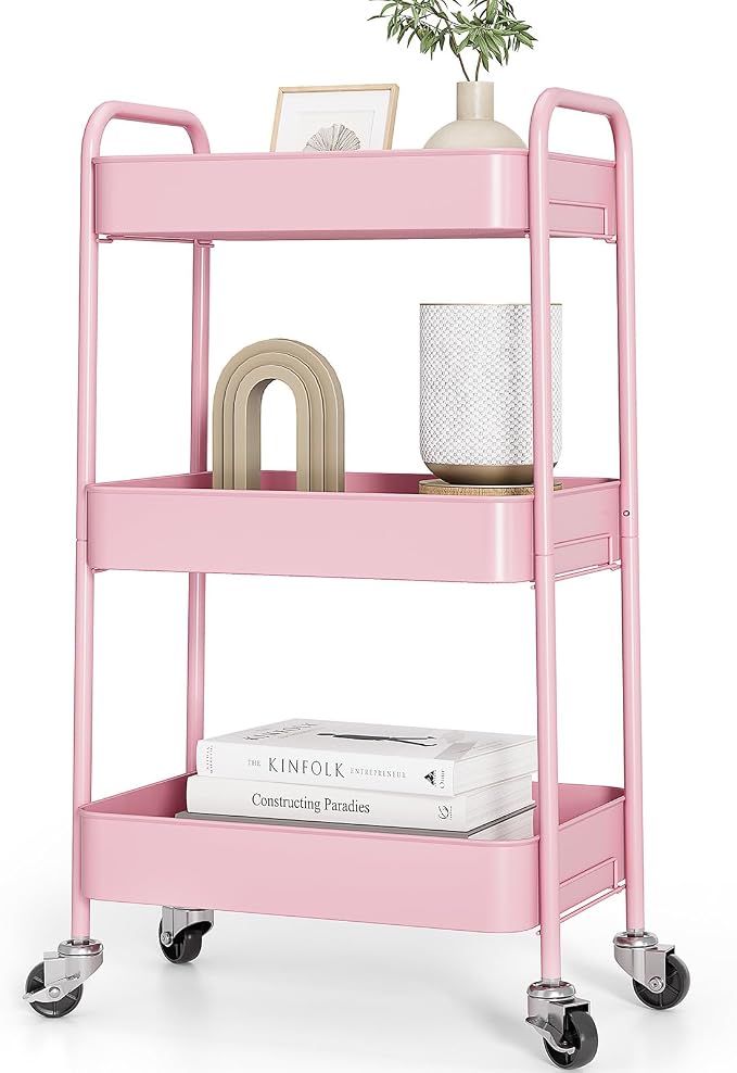 TOOLF 3 Tier Metal Rolling Cart, Utility Storage Cart with Wheels, Pink | Screwless Assembly, Lockable Metal Wheels, Trolley Organizer for Bathroom, Kitchen, Office, Dorm, Laundry, Craft Room
