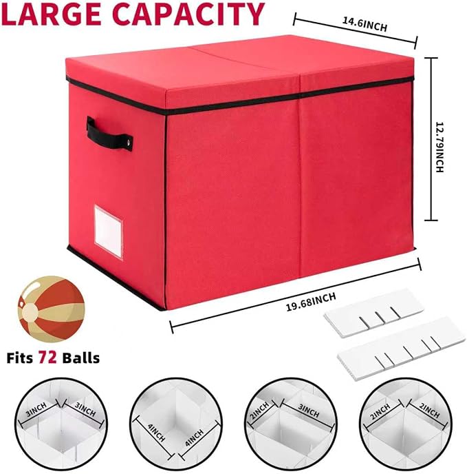 Christmas Ornament Storage Box With 3 Removable Trays for 72 Balls,RED | Ornament Storage Container Holds Up to Christmas Holiday Decorations,Adjustable Dividers for Ornament Storage by DIMESHY