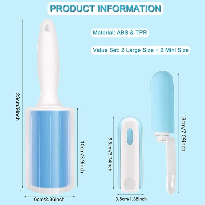 Reusable Washable Lint Roller 4 Pack, Sticky Gel Lint Rollers, Cat Dog Pet Hair Lint Remver Cleaner for Clothes, Carpet, Travel, 2 Large Roller with Dust Cover and 2 Mini Portable Small Lint Brush
