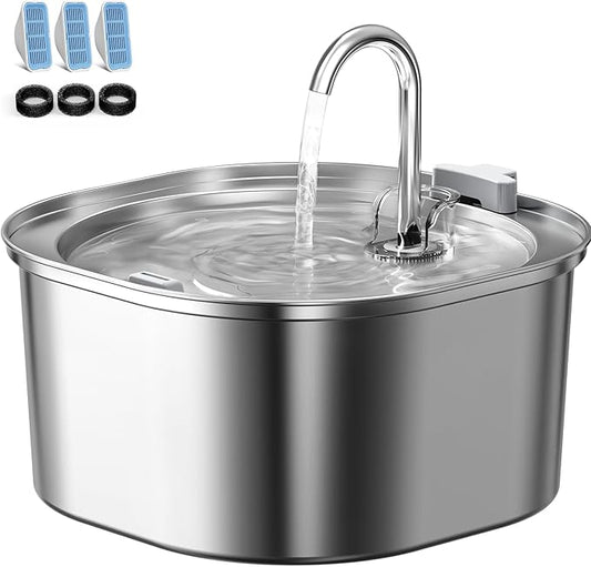PEKTACO Cat Water Fountain, 3.2L/108oz Stainless Steel Pet Water Fountain for Cats Indoor, Dog Drinking Dispenser Metal Kitty Spout with 3 Filters+ 3 Sponges