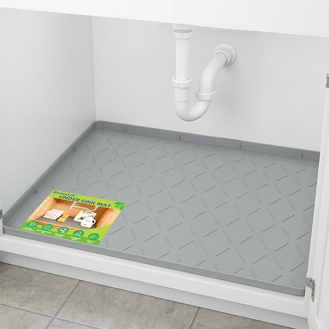 Mateeylife Under Sink Mat Kitchen Waterproof, Silicone Sink Tray 22"X31" | Under Sink Organizer Cabinet Shelf Protective Liner, Multi-use Silicone Mat for Boot Tray & Litter Mat, Light Grey