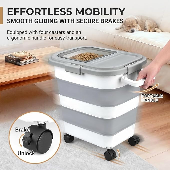 Collapsible Pet Food Storage Container, Airtight Dry Kibble Container with Detachable Wheels and Handle Storage Bin, Foldable Dog Cat Food Holder for Pantry Organization, 22-24 lbs