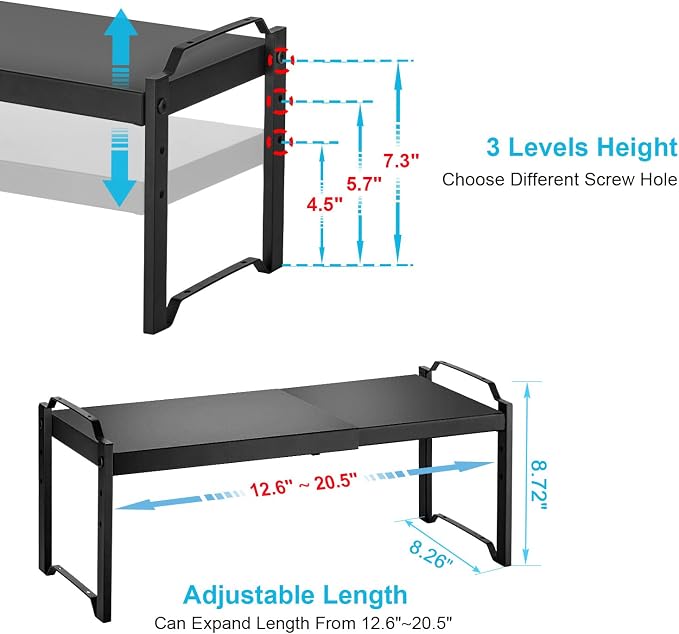 Expandable Cabinet Shelf Organizer, Adjustable kitchen Countertop Storage | 2 Pack Stackable Metal Kitchen Cabinet Countertop Storage Shelves, Heavy Duty Counter Cupboard Pantry Organizers, 20.5" Long