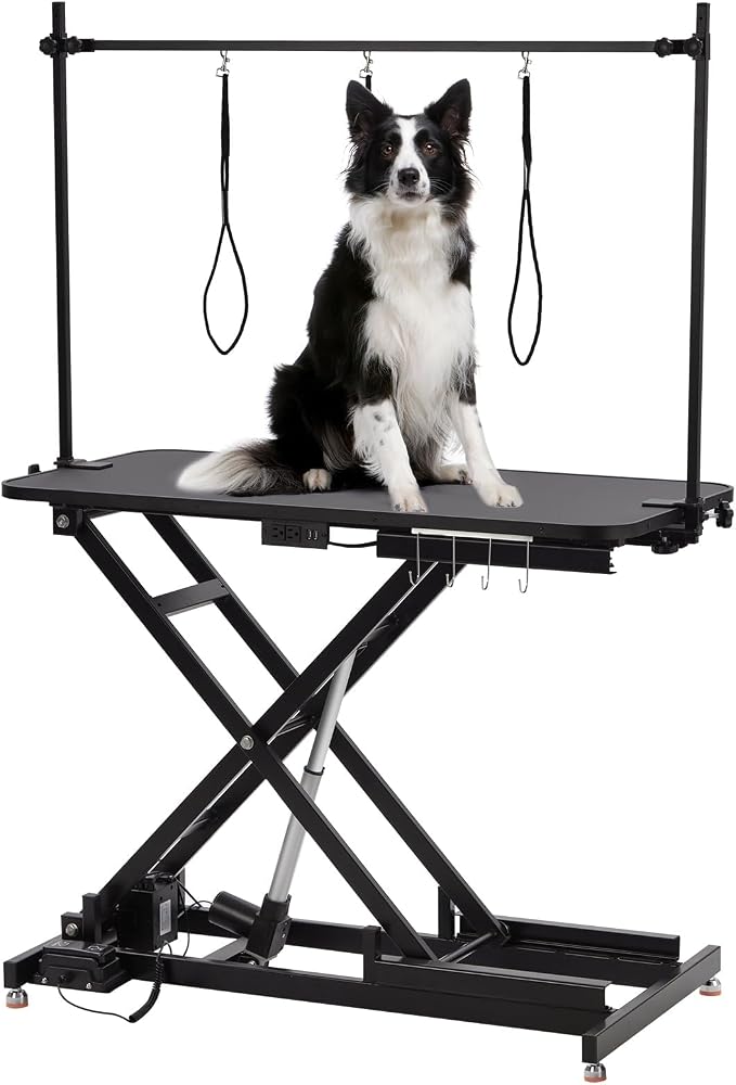 GarveeLife 47" Electric Lift Dog Grooming Table Black for Pets & Large Dogs | Heavy Duty, Adjustable Height: 9.4"-39.4", Non-Slip Desktop, Gantry Crane Set, Dog Grooming Arm