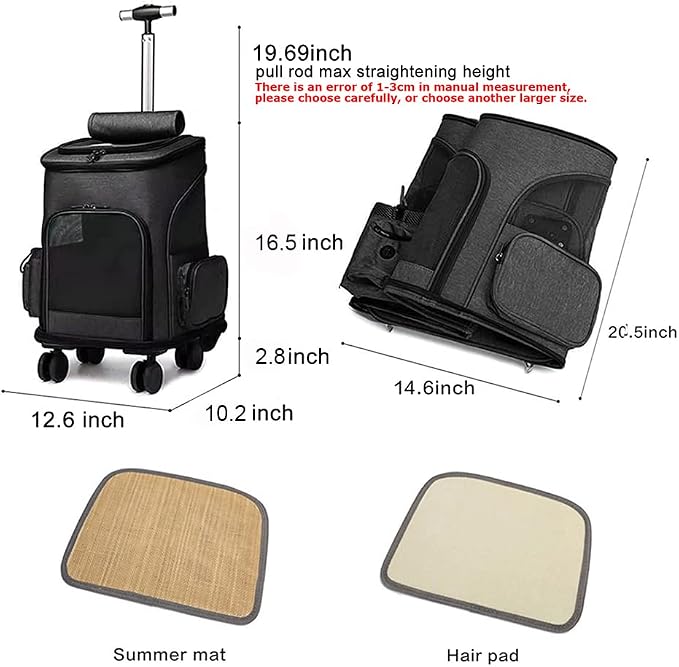 Wheeled Pet Carrier Backpack Pet Stroller, Travel Carrier, Car Seat for Small Dogs Cats Puppies, Comfort Cat Backpack Removable Rolling Wheels – Mesh Ventilation Windows (Black)