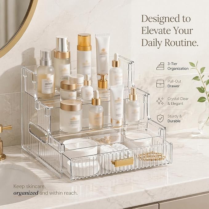 Laaimerisa Clear Acrylic Makeup Organizer with Drawer, 3-Tier Countertop | Skincare & Perfume Storage, Vanity & Desk Use, Gold-Tone Handle, 23 x 20 x 17 cm, Multi-Compartment