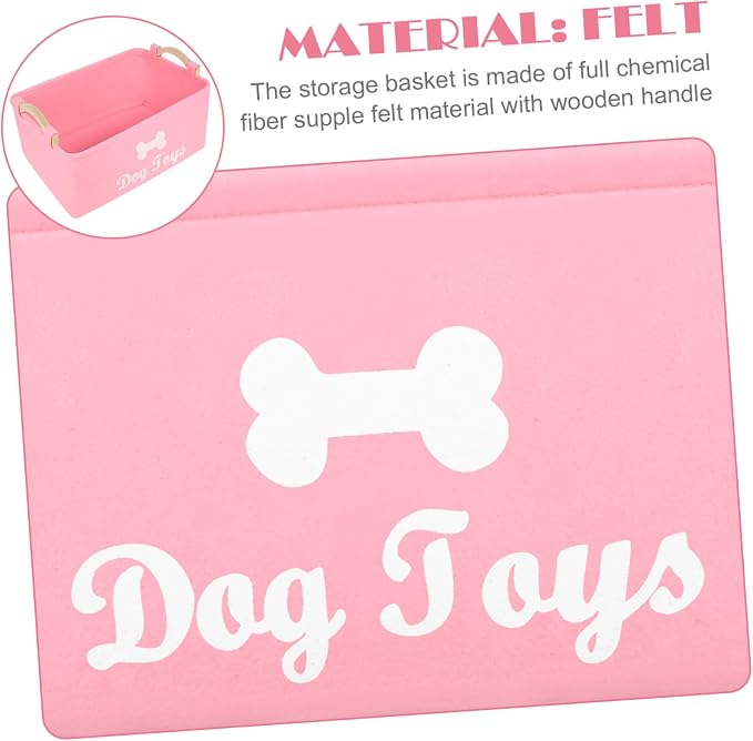 INOOMP Pink Felt Pet Organizer Basket with Wooden Handle Large Dog Storage Bin for Home and Utility Lightweight and Portable Container for Pet Accessories