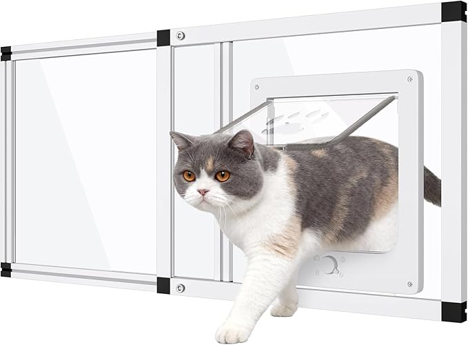 Sliding Cat Door for Window, Fits 28.5"-32" Width Window, 1-Min Install | Aluminum Frame + HD Glass | Weatherproof Design | Magnetic Closure Window Cat Door Insert, Adjustable Pet Door Window for Cats