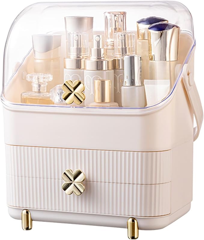 Preppy Skincare Organizers Makeup Organizer Holder Cosmetic Storage Box Display Case 3 Tiers Dust Free Cover Portable Handle 2 Rroomy Drawers Gift Great For Bathroom Countertop Dresser Ivory White
