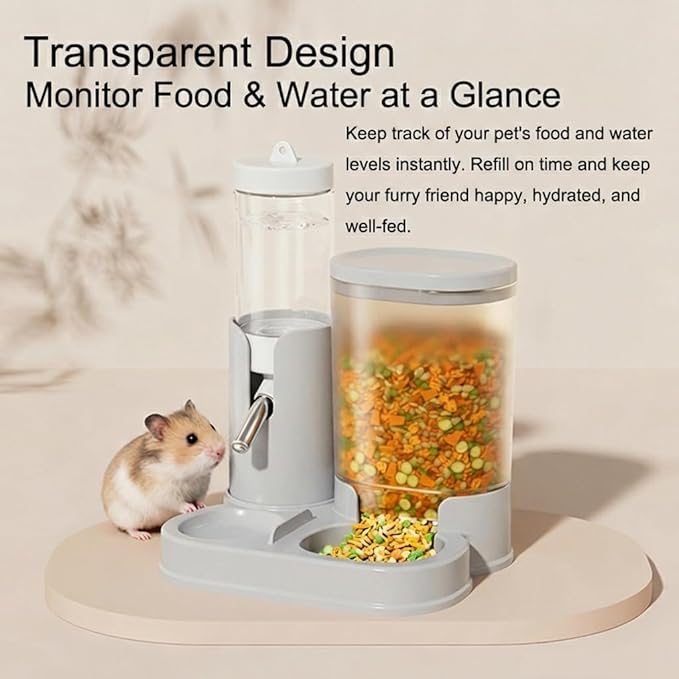No Drip Hamster Water Bottle, 2 in 1 Automatic Hamster Water Dispenser & Food Bowl, Freestanding Small Animal Water Bottle Cage Accessories for Dwarf Hamster, Gerbil, Rat, Mice (Gray)