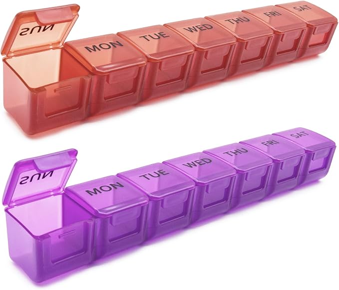 2 Pack Weekly Pill Organizer, Large 7 Day Travel Pill Case (Red & Purple) | Daily Vitamin Case Medicine Box, AM/PM Pill Containers Twice a Day for Medicine Supplements Fish Oil, Portable & Durable