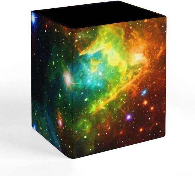 Pen Pencil Holder for Desktop, Pu Leather Stationery Organizer Colorful Rainbow Galaxy Square Pencil Cup Office Accessories Container Box