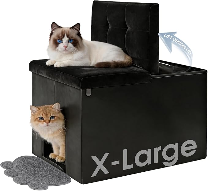 MEEXPAWS Cat Litter Box Enclosure Furniture XL Velvet Lift Design Lid | Large Hidden Cat Washroom Bench Ottoman, Storage Cabinet Dog Proof,Urine Proof, Easy Clean, Quick Assembly,Black