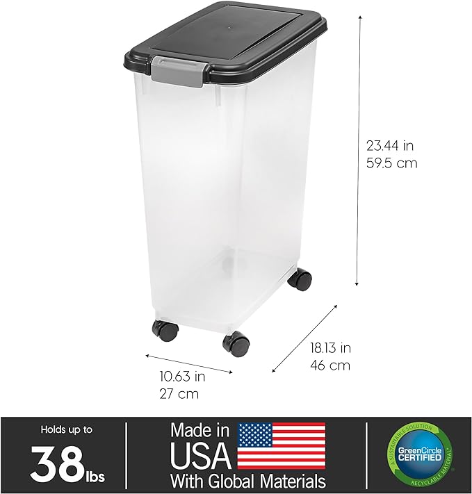 IRIS USA Dog Food Storage Container, Up to 38 lbs, Black, Made in USA | Wheels for Mobility, Airtight Seal, BPA-Free, Best for Bird Seed, Cat food, Cat Litter, Chicken Feed, Pellets