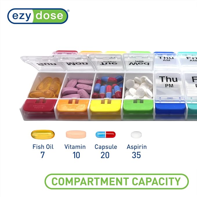 Ezy Dose Weekly (7-Day) AM/PM Pill Organizer, X-Large Medicine Box, Rainbow | Daily Vitamin & Supplement Case, 2 Times a Day Push Button Compartments, Arthritis-Friendly, Travel-Friendly, BPA-Free