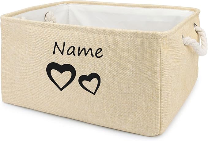 Personalized Dog Toy Storage Basket Bin Collapsible Customized Pet's Name Storage, Organizer for Dog Toys、Clothing、Apparel & Accessories with Box Heart Print (Beige-S)