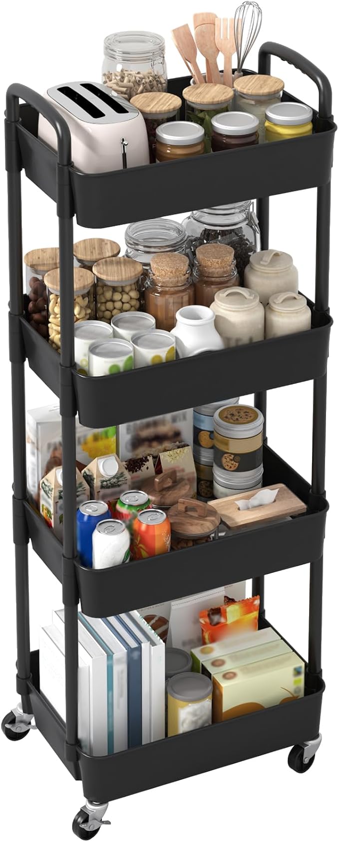 Sywhitta 4-Tier Plastic Rolling Utility Cart with Wheels for Storage, Black | Multi-Functional Storage Trolley, for Office, Living Room, Kitchen, Bathroom,Movable Organizer,Space-Saving,Easy to assemble