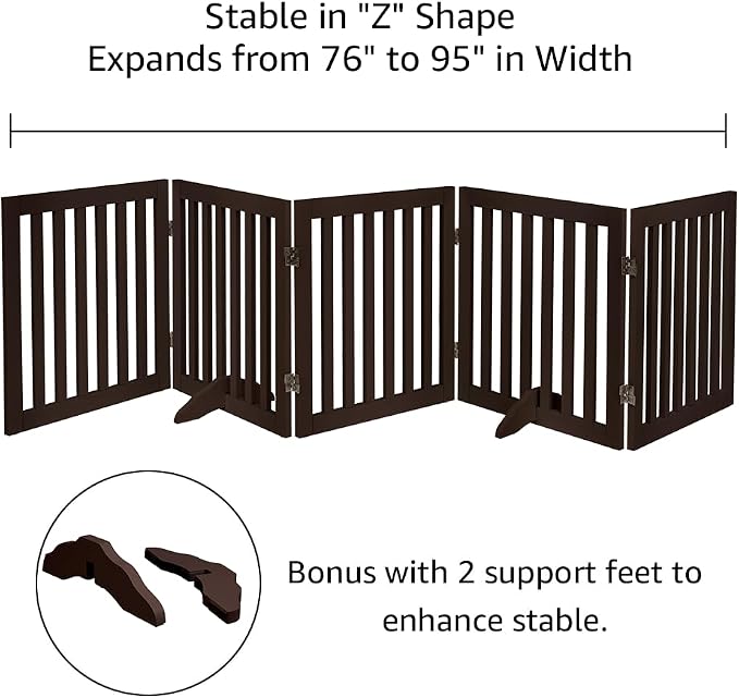 unipaws 24”H Free Standing Pet Gate for Dog Cat, 100”Wide Wooden Dog Gates | Foldable Pet Fence for Doorway, Stairs, Step, Expandable Doggy Barrier, Indoor Use