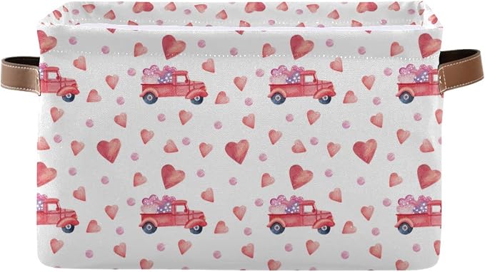 Happy Valentine's Day Storage Basket Fabric Laundry Baskets Love Heart Pickup Truck Car Storage Boxes Organizer Bag for Baby Cloth Dog Toy Book Storage Cubes Shelf Closet Bins 16×12×8 Inches