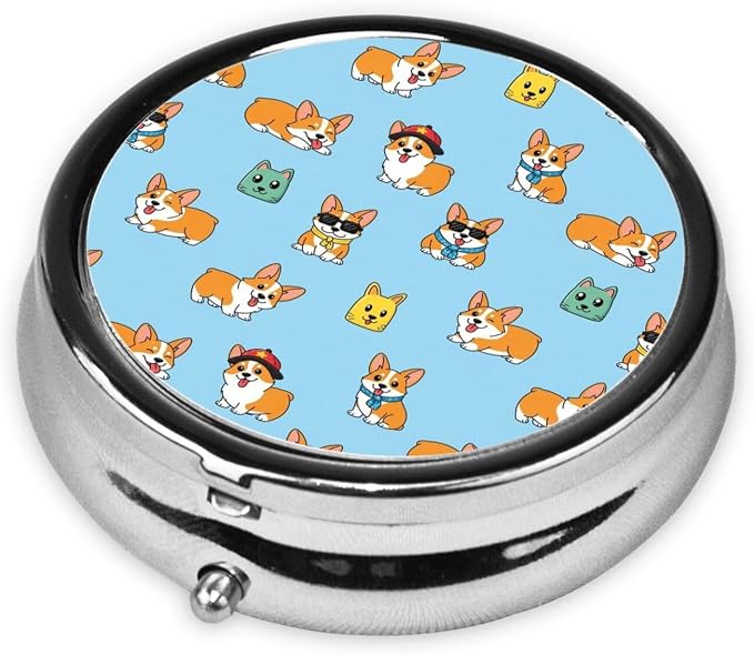 Mini Pill Box, Portable Round Organizer for Daily Vitamins, Travel Pill Case Pocket Purse Use, Waterproof Design for Men Women, Corgi Funny Dogs