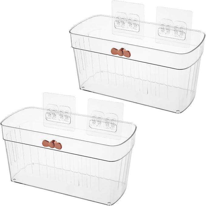 2 Pack Clear Acrylic Small Wall-Mounted Storage Baskets with Adhesive, No Drilling, Hanging Wall Mount Storage Bins for Kitchen, Pantry, Bathroom, RV