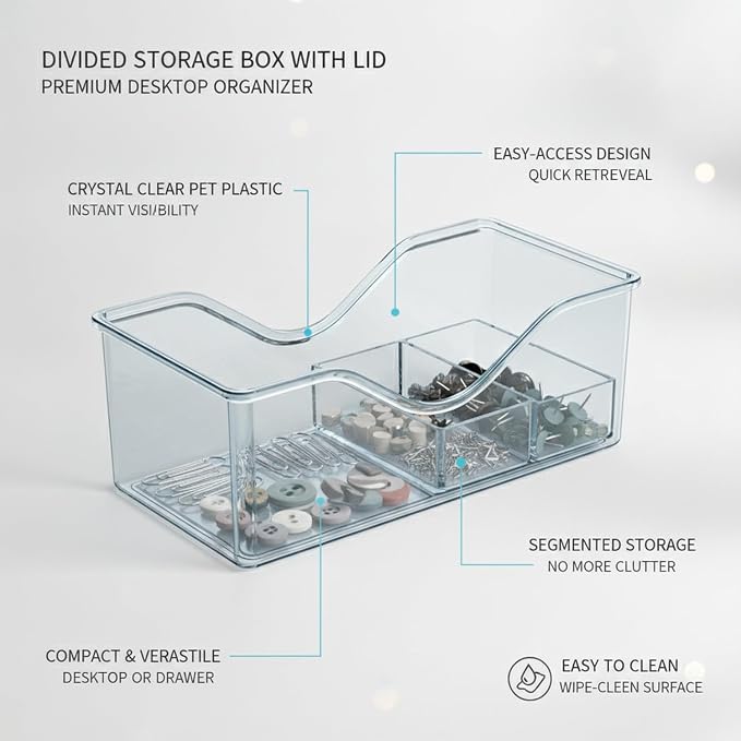 Divided Storage Box with Lid, PET Plastic Organizer for Desktop Drawers, Clear Compartments for Office Supplies Craft Jewelry (1 PC)