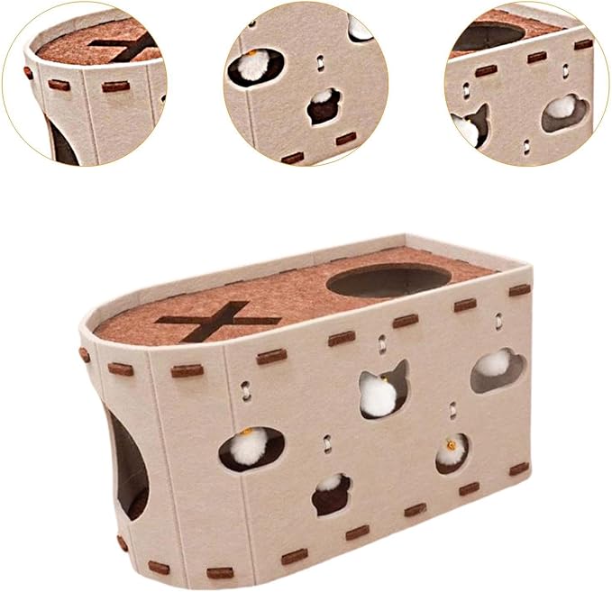 Cat House Scratch Condo Pet Toys Meal Claws Scratches with an Interactive Hole Felting Bed for Several Cats, Beige