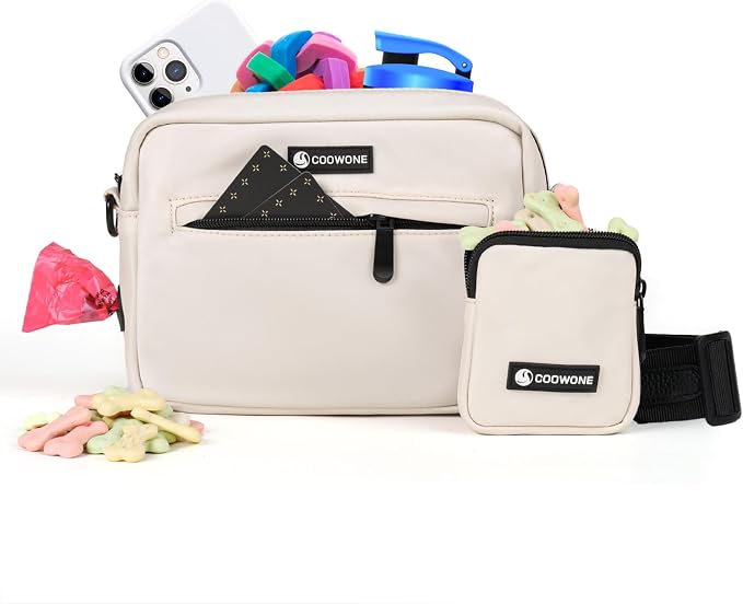 Dog Treat Pouch with Removable Small Pet Training Treat Pouches, Built-in Poop Bag Dispenser, Adjustable Shoulder Strap Cross Body Dog Walking Bag (Beige)