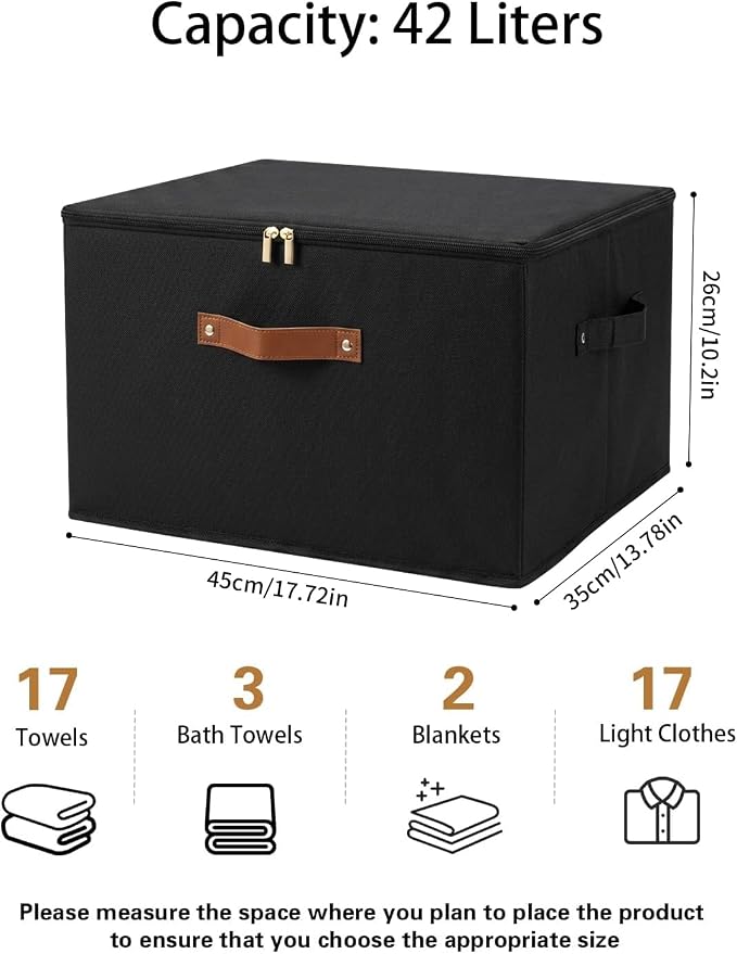 Tuza 3 Pack Foldable Storage Bin with Lid, Heavy-Duty Fabric Storage Box with Reinforced Handles, Collapsible Closet Organizer for Clothes, Bedding, Wardrobe & Bedroom Organization(Black, 42L)