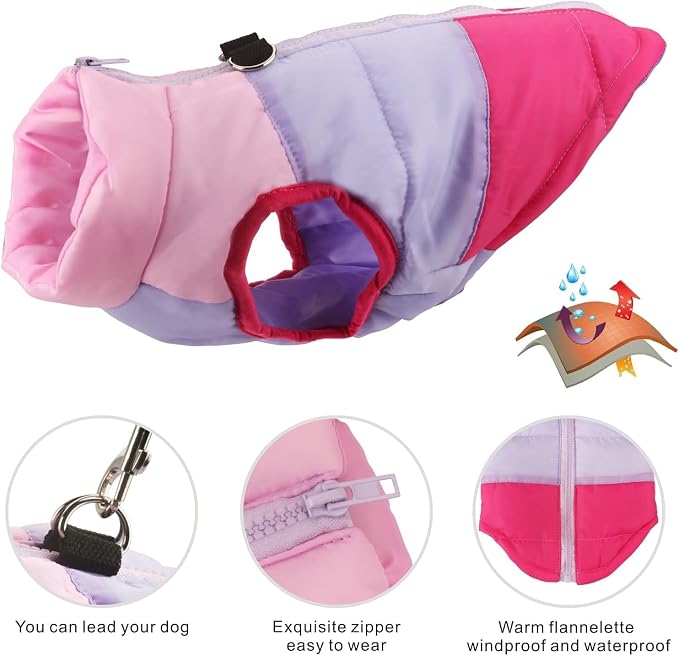 Idepet Pet Dog Cat Coat with Leash Anchor Color Patchwork Padded Puppy Vest Jacket Teddy Chihuahua Costumes Pug Cloth XS S M L(XX-Large,Rose Red)