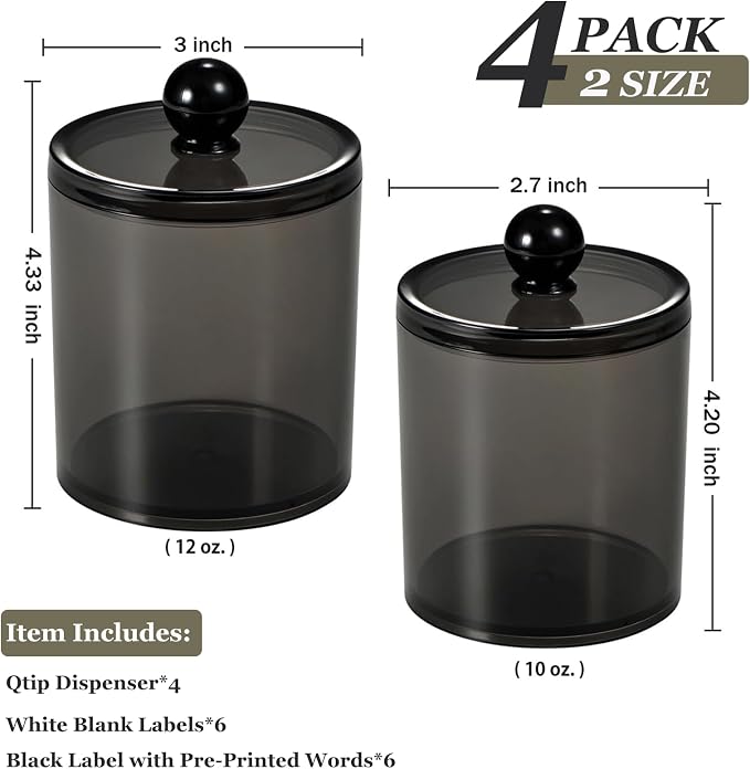 SheeChung 4 Pack Black Qtip Holder,Acrylic Apothecary Jars with Lids | (2) 12oz & (2) 10oz Q Tip Holder - Shatterproof Bathroom Vanity Organizer for Cotton Swabs, Balls, Pads, Floss Picks