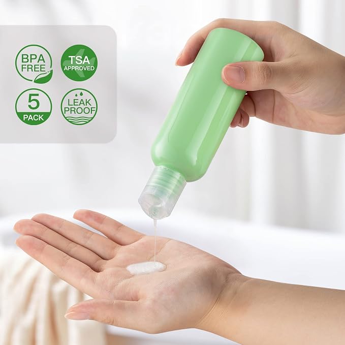 Travel Bottles for Toiletries, 3.4 oz Travel Size Containers, 5pcs, 5Color | Squeezable empty plastic bottles, TSA approved, leak proof, with labels, for liquids & shampoo lotion, gym essentials