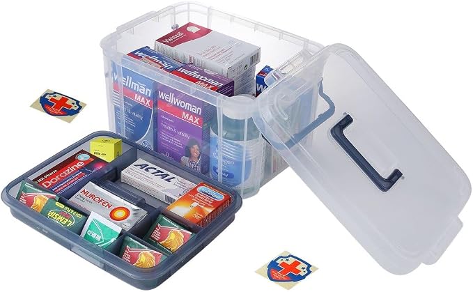 HEY FOLY 15qt Blue Medicine Organizer Storage Box with Tray, Plastic First Aid Box Empty, Thickened Medicine Container Chest, Multipurpose Medical Case with Labels, Blue Medicine Caddy