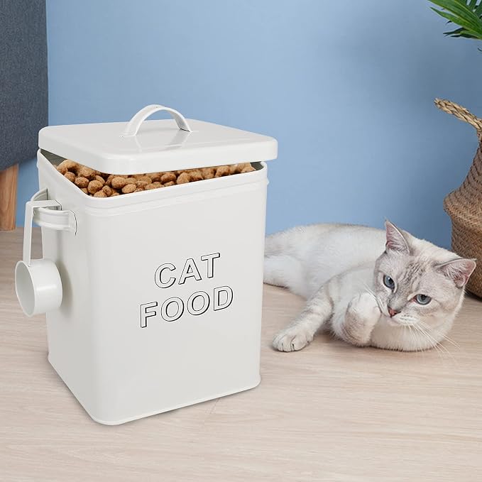 Morezi Metal Cat Food Container with Scoop 5-7 lb, Airtight Pet Food Bin | 25 Cups Cat Kibble Canister with Food Scoop, Sturdy Iron Body, Powder Coated, Airtight Bamboo Lid, Two Side Handle-White