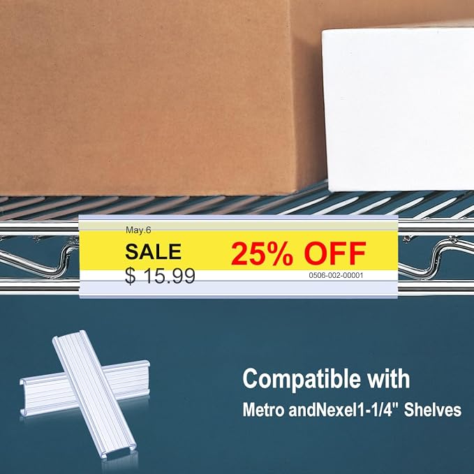 20Pcs Wire Shelf Label Holders,Plastic Wire Rack Label Holder Compatible with Metro and Nexel 1-1/4in Shelves,Label Area 6in Lx1.25in H (Label Paper Not Included)