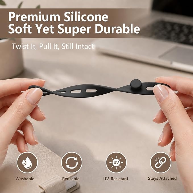 20-Pack Reusable Silicone Cable Ties for Wires & Cords (Black) | Tear-Proof Elastic Silicone Wire Organizers with Adjustable Snaps, Durable Cable Ties for Phone Chargers, Desk & Travel