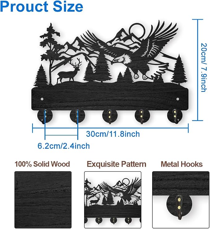 MAYJOYDIY Eagle Deer Forest Coat Hooks Wall Mounted 11.8×7.9inch Black Wooden Eagle Key Holder for Wall 5 Alloy Hooks Wall Art Decor Deer Hangers for Towel Key Kitchen Bedroom Entryway Gifts