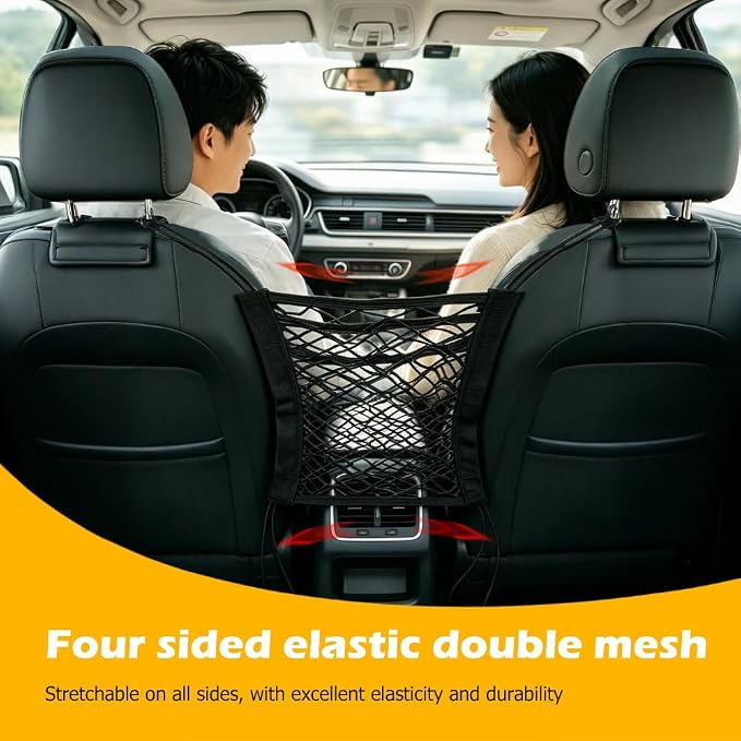 Dog Car Net Barrier, Pet Safety Divider with Mesh Organizer for Kids, Elastic Seat Back Storage Pouch, Universal Fit Vehicle Cargo Netting for Cars SUVs, 2-Layer Stretchable Barrier