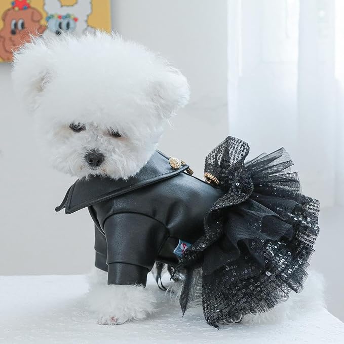 Dog Pu Leather Jacket Warm Cool Pet Winter Coat Apparel Motorcycle Clothes Waterproof Snow Protection Windproof Halloween Rock Star Costume (Black, Large)