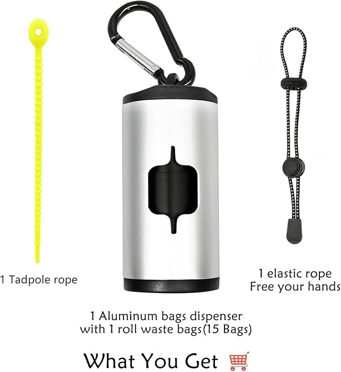 YUCHIYA Aluminum Dog Poop Bags Holder with Carabiner Metal Pet Waste Bags Dispenser with Hook and Loop Fastener and Elastic Cord to Carry Used Bags (Silver, 1 Holder 15 Bags)