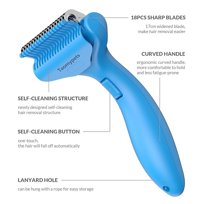 Self Cleaning Grooming Rake Brush for Shedding Gently Removes Loose Undercoat Mats Tangled Deshedding Grooming Tool for Dogs Cats Extra Wide (Blue)