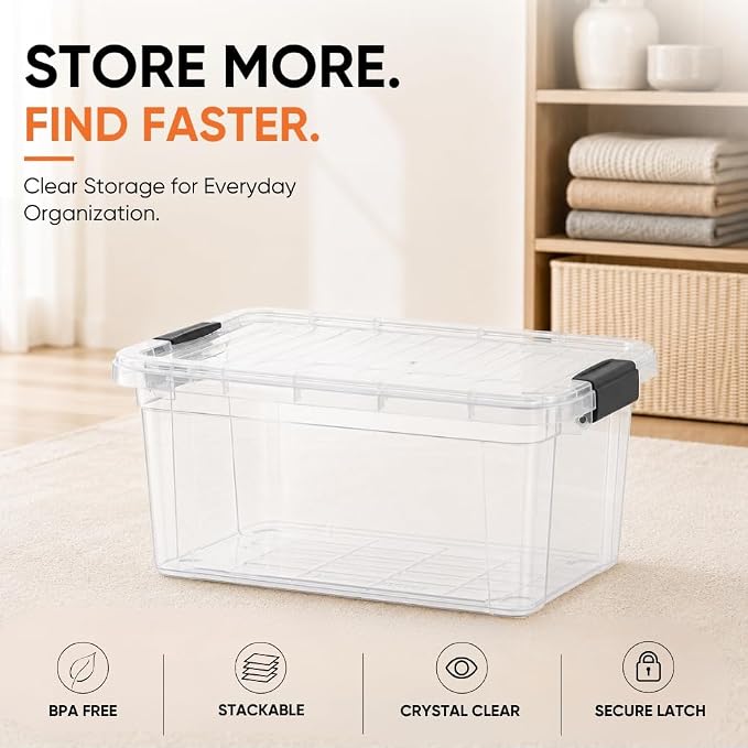 Superio 4.75 Quart Clear Plastic Storage Boxes with Lids, Stackable Organizer Containers, BPA-Free Storage Bins for Home, Office, School & Dorm, 18 Pack