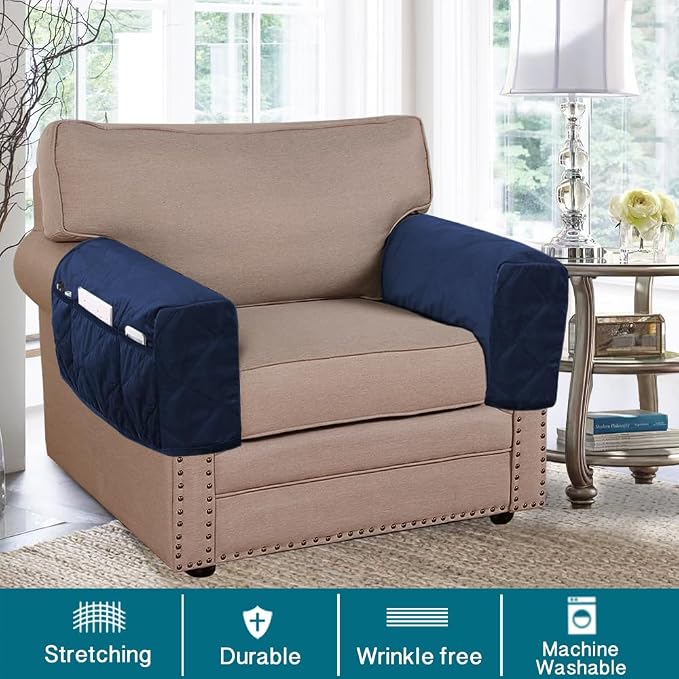 Velvet Quilted Armrest Covers - Water-Resistant Sofa Arm Protectors Set of 2 with Side Pocket Organizer, Non-Slip Furniture Covers for Chairs & Couches (Navy)