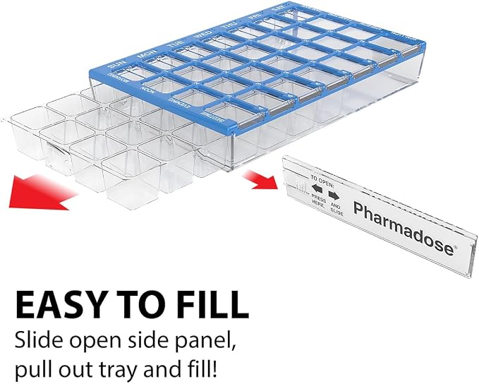 Ezy Dose Pharmadose Weekly 7-Day, 4X/Day Pill Organizer, Blue, Small | 28 Small Compartment Pill Case, Medicine Planner, Vitamin Organizer with Easy Fill Tray, BPA Free